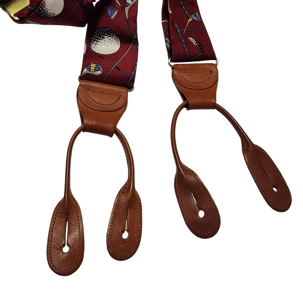 Polo Ralph Lauren Golf Motif Silk Embroidered‎ Suspenders Leather Heritage VTG
